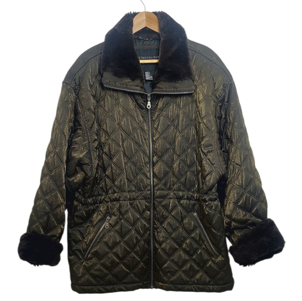 Metropolitan New York Women's Size Large Coat Jacket Black Gold Sheen Fur Collar
